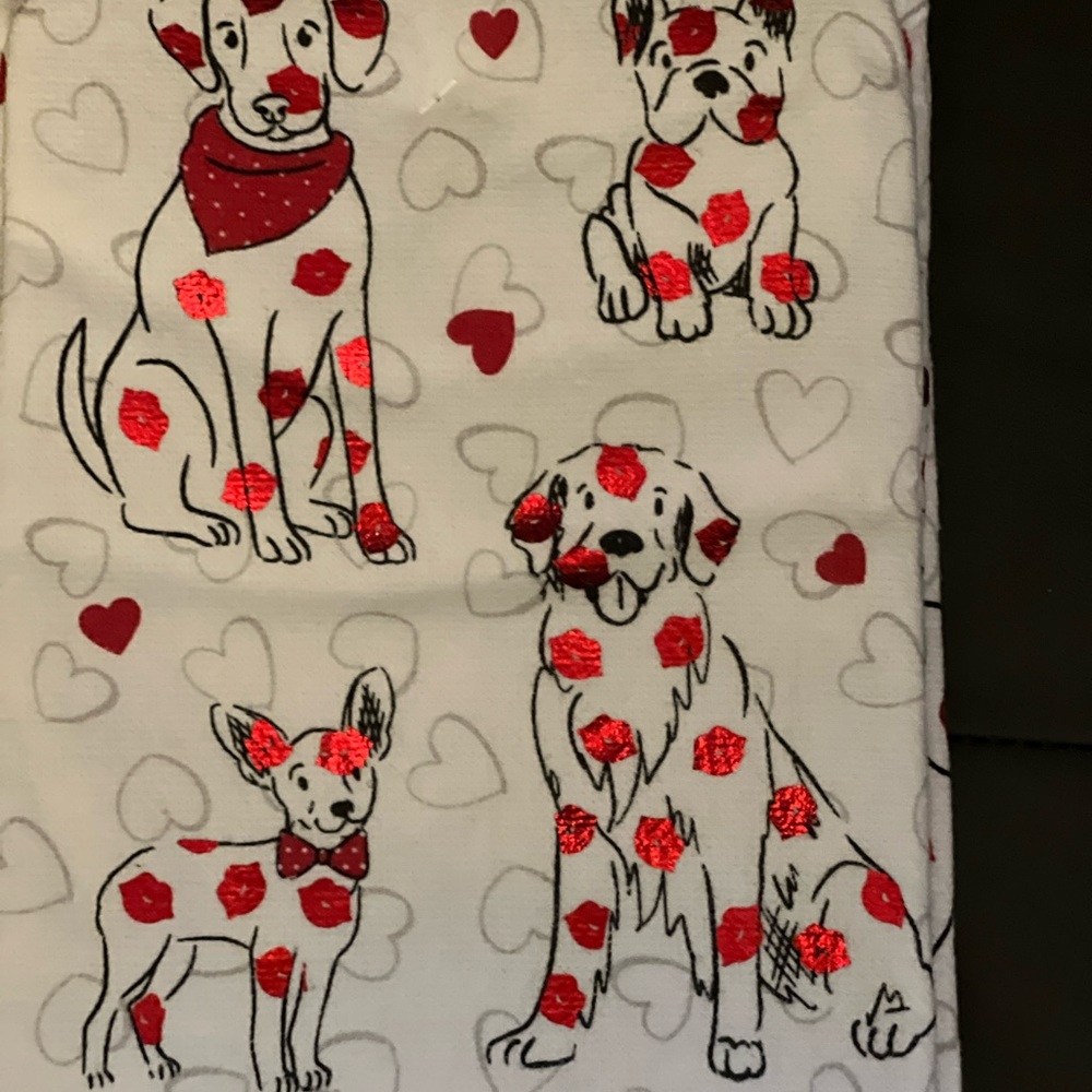 2 Super cute valentines kitchen towels - many dog breeds & red metallic hearts